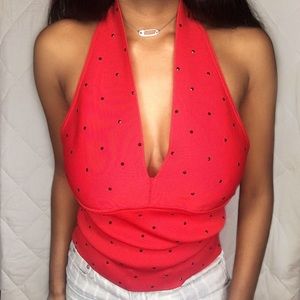 Vintage Pamela Stewart watermelon/strawberry polka dot halter top